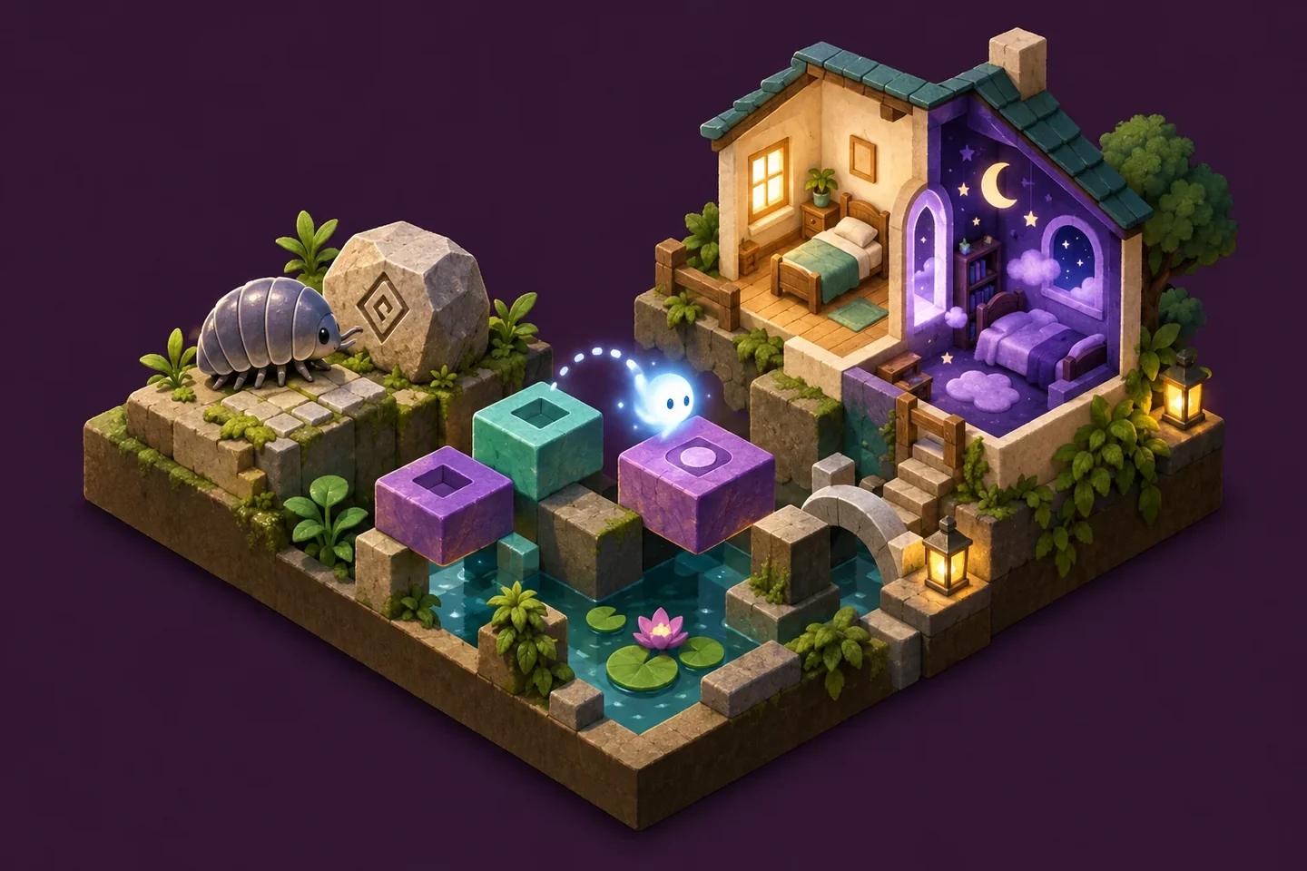 A pill bug approaches a stone beside colored blocks and a glowing soul, with a distant house split between waking and dreamlike rooms