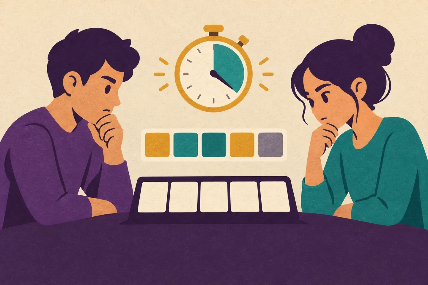 Conceptual illustration of two players facing the same five-letter word board as a 45-second turn clock runs