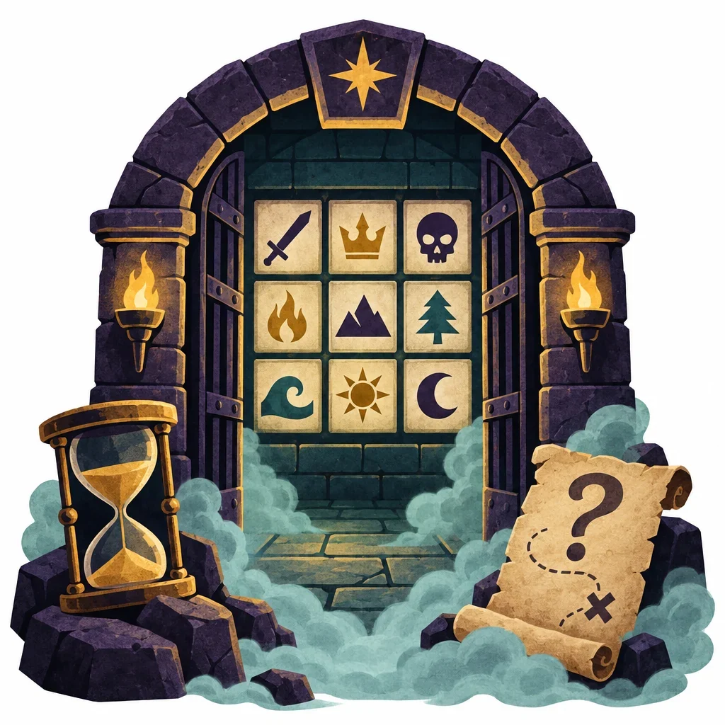 Conceptual word puzzle grid framed by a dungeon doorway with symbols for a clock, extra targets, fog and a doubtful clue