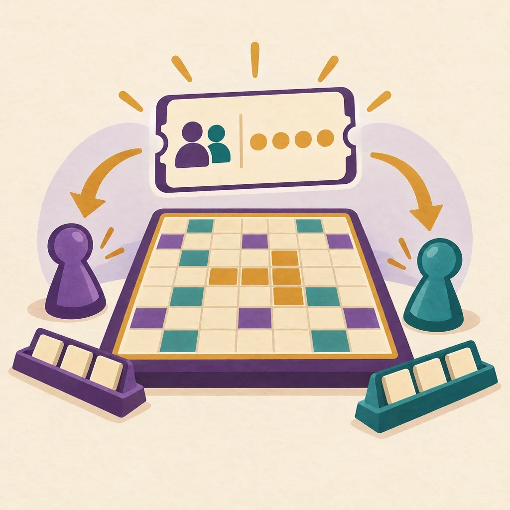 Conceptual illustration of a friend-room code beside one shared five-letter board and two alternating player markers