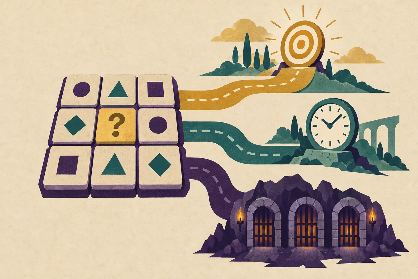 Conceptual Wordle-style grid branching into paths for a moving target, a lying tile, a timer and dungeon bosses
