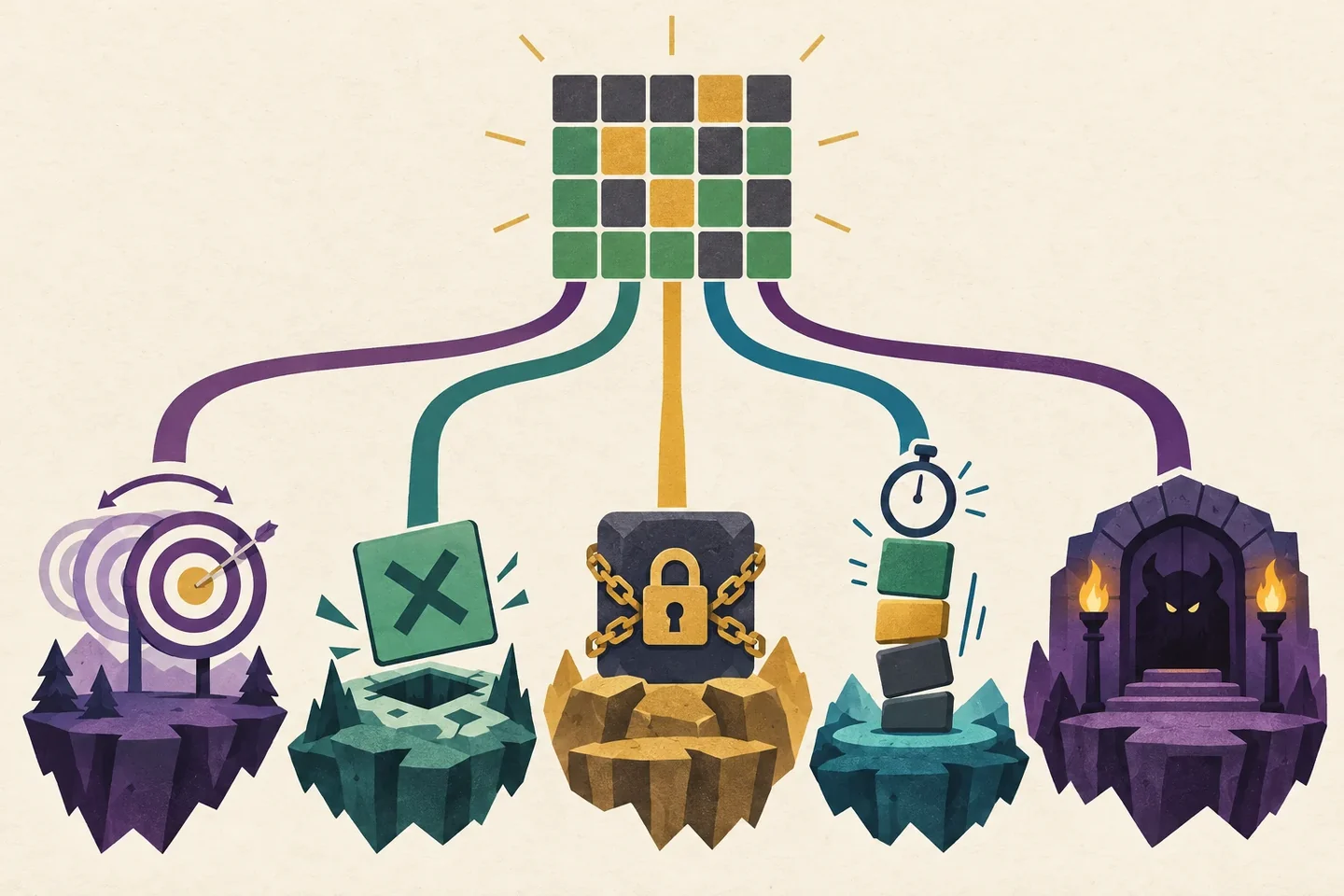 Conceptual illustration of a Wordle-style grid branching into different rule twists
