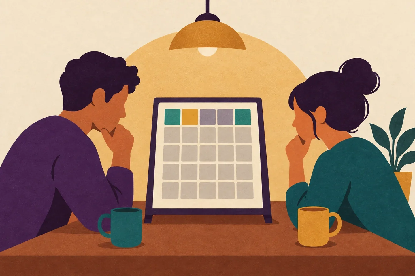 Conceptual illustration of two players facing the same five-letter puzzle board and studying its newest colored clue row