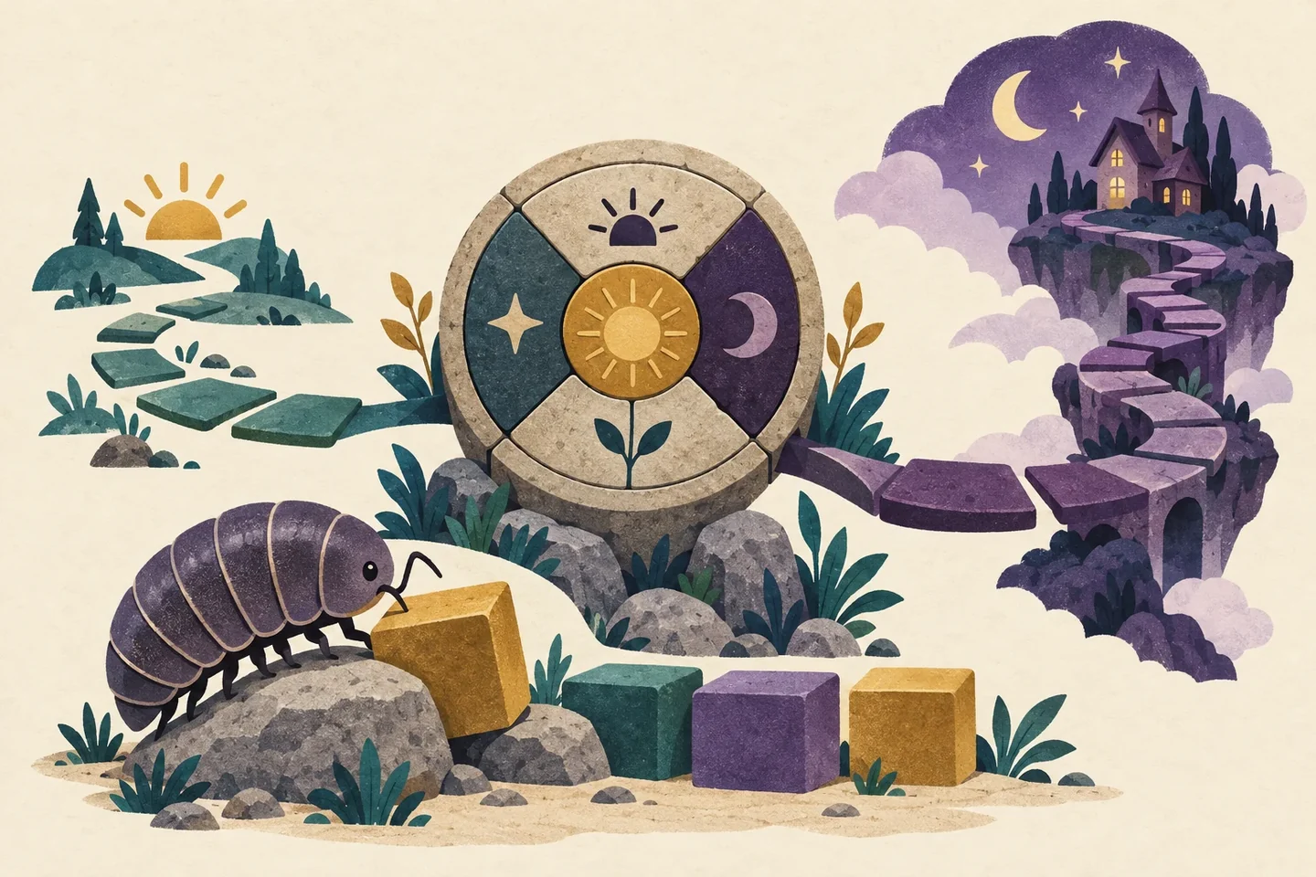 A circular puzzle branches into short and long paths beside a pill bug, colored blocks and a dreamlike house